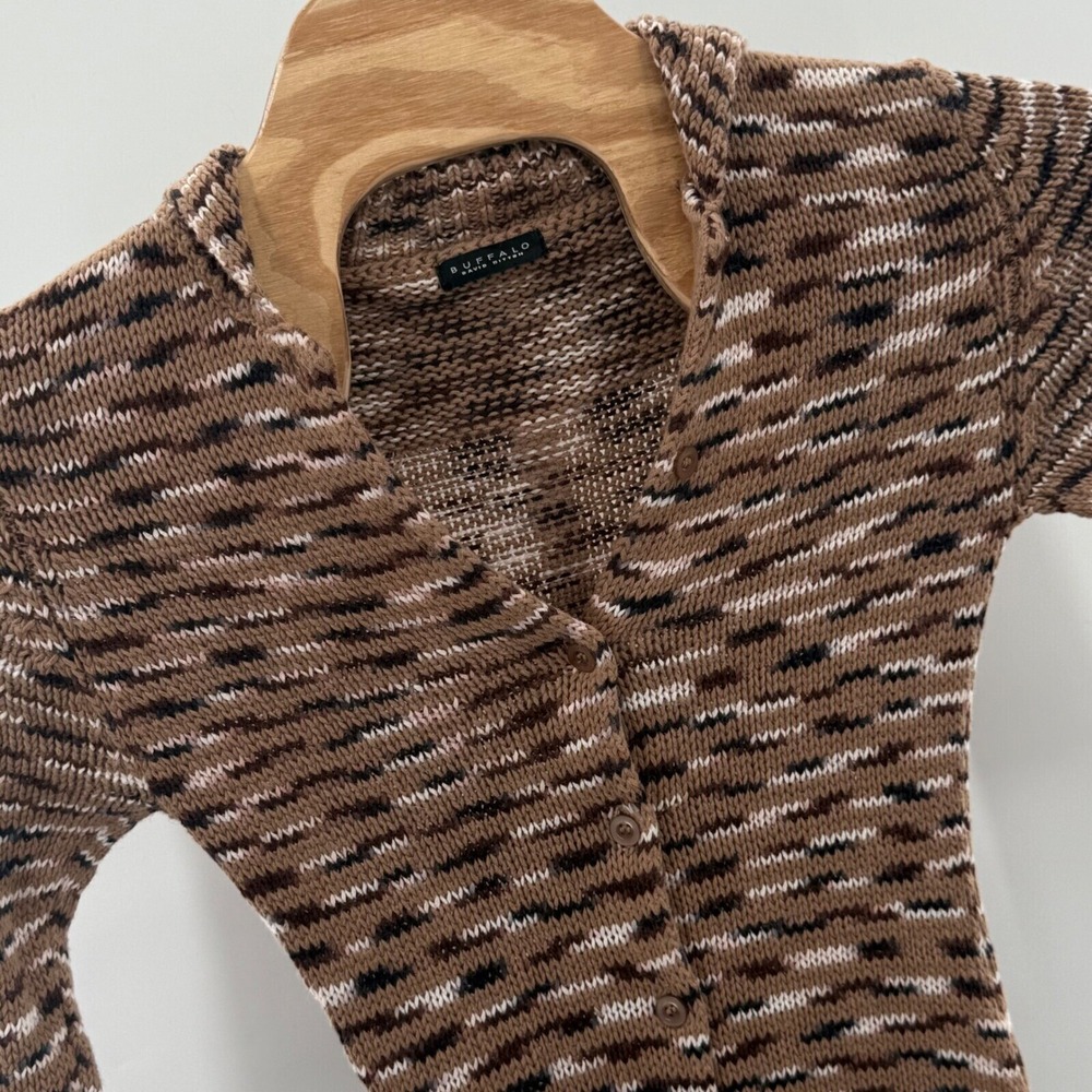 Buffalo David Bitton Knit Dress Sweater Brown Tan Button Front 3/4 Sleeve